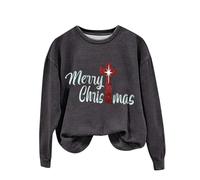 Giacca natalizia da donna, in pile, con stampa Merry Christmas, a maniche lunghe, morbida, con stampa, felpa invernale in peluche, per regali di Natale, Grigio, XXL