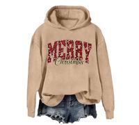 Giacca natalizia da donna, in pile peloso, con scritta Merry Christmas, stampa con paillettes, in velluto, con cappuccio, per regali di Natale, cachi, XXL