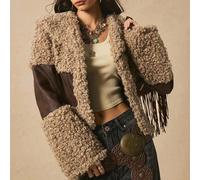 Giacca oversize da donna con colletto ampio, in stile bohémien nomade, con vita stretta e frange, abbigliamento da esterno in toni naturali, adatta per l'autunno/inverno L,M,S,XSMorbido