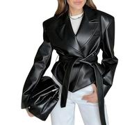 Giacca oversize in similpelle da donna, con risvolto, alla moda, stile Y2K, corta, casual, leggera, con cintura, nera, taglia XS