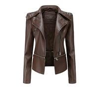 Giacca Pelle Donna,Giacca In Ecopelle Da Donna Marrone Risvolto Zip Posteriore Pieghe Orlo Staccabile Vintage Manica Lunga Corta Slim Fit Moto Biker Pu Cappotto Bomber Moto Outwear Primavera Autunno