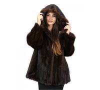 Giacca pelliccia orizzontale mogano cappuccio visone 46 manica lunga tasche e...
