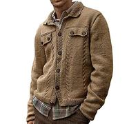 Giacca Pile Uomo, Cárdigan de Punto con Cable para Hombre, suéter con Cuello vuelto, Manga Larga, forro a Cuadros de Un Pecho, Chaqueta Informal con bolsillo (Khaki, XXL)