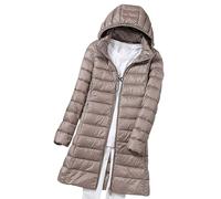 Giacca piumino da donna leggera riponibile, cappotto puffer oversize lungo con cappuccio, parka impermeabile trapuntato imbottito, capospalla invernale caldo con imbottitura in piuma, cachi, L