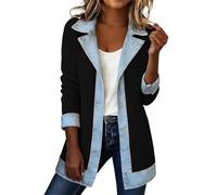 Giacca Primavera Donna,Giacca Primaverile Donna Lungo in Maglia Cappotto con Inserti in Denim Colletto a Risvolto Giacchetto Mezza Stagione Giubbino Elegante Giacche Primaverili Casual Nere L