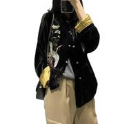 Giacca Primaverile da Donna in Stile Cinese - Cappotto in Velluto Nero con Ricamo Cinese Cappotto da Donna in Velluto Nero Moda Stile Cinese Allentato Giacche Casual Top Etnico Harajuku Abiti Vin