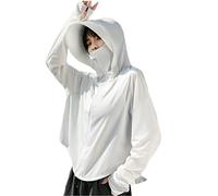Giacca protettiva da donna con zip intera UPF 50+, protezione solare UV, abbigliamento leggero a maniche lunghe con cappuccio, bianco