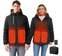Giacca Riscaldato con Cappuccio Giacca Calda da 10000 mAh per Donna e Uomo Giacca Invernale Uomo Donna Impermeabile Antivento 4 Zone di Calore, 3 Livelli Controlle per Sci Pesca Moto campeggio
