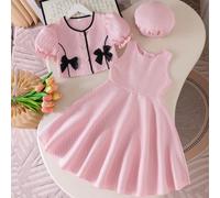 Giacca rosa con maniche a sbuffo e nodo in bambù per ragazze, abbinata a un vestito con zip frontale, decorazione con fiocco sulla giacca, 3 bottoni di finta perla, alla moda ed elegante per uso quoti
