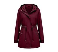 Giacca Rosso Cappuccio Integrato Per Passeggiate Al Tramonto Autunno Giacca Casual Donna Con Cappuccio Tinta Unita, Modello Medio Lungo, Vita Regolabile Con Coulisse, Maniche Polsini Elastici,