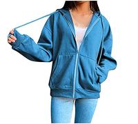 Giacca sportiva da donna con cappuccio, per attività all'aperto, leggera, da donna, taglie forti, con cerniera, con cappuccio, con coulisse, tinta unita, elegante e morbido maglione, Blu, L