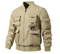 Giacca sportiva da uomo, leggera, per l'autunno, da lavoro, con colletto alto, da montagna, da corsa, con chiusura a strappo, sportiva, per il tempo libero, con molte tasche, cachi, 3XL