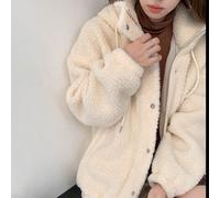 Giacca teddy con cappuccio e coulisse sulle spalle, con bottone, patch e tasche, di stile casual invernale, ampio taglio, in tinta unita beige, caldo e alla moda per l'inverno L,M,S,XLColore unicoTess