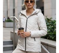 Giacca trapuntata con cappuccio da donna per la mezza stagione, lunga fino a metà coscia, con chiusura a zip, cappuccio regolabile con fibbia, dettagli trapuntati, due tasche laterali, foderata e legg