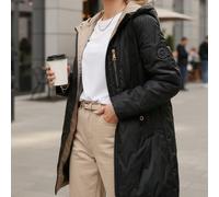 Giacca trapuntata con cappuccio da donna per la stagione di transizione, lunghezza a metà coscia, design semplice, tessuto in poliestere, con tasche con cerniera, vestibilità classica. Questo cappotto