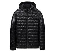 Giacca trapuntata da uomo, calda, tinta unita, invernale, alla moda, in cotone, con chiusura lampo, comoda con cappuccio, per il tempo libero, da uomo, Nero , L