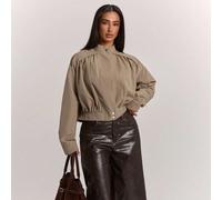 Giacca trench corta da donna casual per il pendolarismo, marrone, in tessuto intrecciato, con arricciature sulla spalla e orlo che segna la vita, adatta per uso quotidiano, stile casual da sorella, st