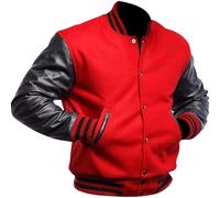 Giacca Varsity da uomo con maniche in vera pelle, bomber street wear giacca da baseball in misto lana classica, Rosso, L