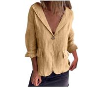 Giacche a maniche lunghe da donna casual con colletto dentellato con risvolto con un bottone da donna in cotone e lino come giacca leggera capispalla estate autunno uso quotidiano, senza tasca, cachi