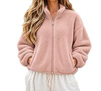 Giacche in pile da donna con zip intera nero Teddy Bomber senza colletto | Stile bomber senza colletto, cerniera frontale intera, texture in pile, grandi tasche per le mani, 320 g, misto morbido