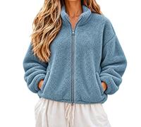 Giacche in pile da donna con zip intera nero Teddy Bomber senza colletto | Stile bomber senza colletto, cerniera frontale intera, texture in pile, grandi tasche per le mani, 320 g, misto morbido