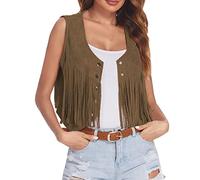 giacche invernali da donna gilet con frange da donna in finta pelle scamosciata gilet aperto davanti senza maniche anni '70 vestiti hippie boho giacca western giacca in pile flanella, Caff, M