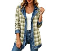 Giacche scozzesi da donna casual denim colletto button down maniche lunghe | Esclusivo denim splicing morbido tessuto misto retrò stampa a quadri vestibilità rilassata moda per tutti i giorni capispalla