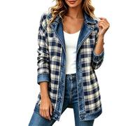 Giacche scozzesi da donna casual denim colletto button down maniche lunghe | Esclusivo denim splicing morbido tessuto misto retrò stampa a quadri vestibilità rilassata moda per tutti i giorni capispalla