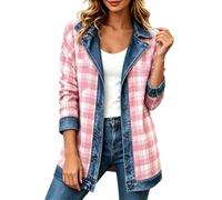 Giacche scozzesi da donna casual denim colletto button down maniche lunghe | Esclusivo denim splicing morbido tessuto misto retrò stampa a quadri vestibilità rilassata moda per tutti i giorni capispalla