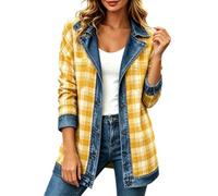 Giacche scozzesi da donna casual denim colletto button down maniche lunghe | Esclusivo denim splicing morbido tessuto misto retrò stampa a quadri vestibilità rilassata moda per tutti i giorni capispalla