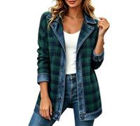 Giacche scozzesi da donna casual denim colletto button down maniche lunghe | Esclusivo denim splicing morbido tessuto misto retrò stampa a quadri vestibilità rilassata moda per tutti i giorni capispalla