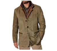 Giacche Vintage in Camoscio da Uomo, Blazer Doppio Strato con Risvolto in Pelliccia, Collo in Pelle, Lunghezza Media, Blazer da esterno per l'autunno e l'inverno, cachi., L