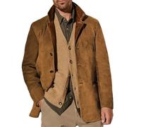 Giacche Vintage in Camoscio da Uomo, Blazer Doppio Strato con Risvolto in Pelliccia, Collo in Pelle, Lunghezza Media, Blazer da esterno per l'autunno e l'inverno, marrone, L