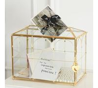Giadun Scatola per carte in vetro con fessura, 25,9 cm, grande, color oro trasparente, per ricevimenti di nozze, scatola decorativa con serratura per baby shower, festa di compleanno, addio al