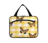 Giallo Bianco Check Plaid Farfalla Appeso Borse Cosmetiche con Cerniera con Gancio, Designer Cute Medicine Bag per Viaggi Must Viaggiare estuche para brochas maquillaje L