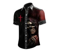 Giallo Camicia Uomo Maniche Corte Halloween Camicia con Stampa Teschio Croce e Rose Slim Fit Horror Maglietta con Risvolto Bottoni Camicia Gotico Divertente per Carnevale Cosplay Feste Xxl Carnevale M