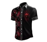 Giallo Camicia Uomo Maniche Corte Halloween Camicia con Stampa Teschio Croce e Rose Slim Fit Horror Maglietta con Risvolto Bottoni Camicia Gotico Divertente per Carnevale Cosplay Feste Xxl Natale Vino