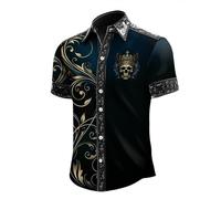 Giallo Camicia Uomo Maniche Corte Halloween Camicia con Stampa Teschio Croce e Rose Slim Fit Horror Maglietta con Risvolto Bottoni Camicia Gotico Divertente per Carnevale Cosplay Feste Xxl Pipistrelli