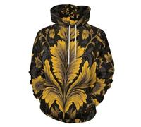 Giallo Senape Felpa con Cappuccio Unisex Uomo Donna - Hoodie Pullover con Stampa Tralci Floreali Gialli 3D, Manica Lunga, con Tasche - Casual Sportiva,S