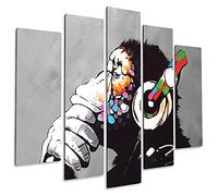 Giallobus - Quadro 5 Pannelli Art Board - Banksy - Dj Monkey - Legno MDF - 140x100
