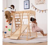 Giant bean Medium Size Indoor Playground Jungle Gym for 2-10yrs Kids,Toddlers Climber Toys 9-in-1 with Slide, Rock Climb Wall,Monkey Bars, Wood &Rope Ladder, Climbing Rope & Wall and Gymnastic Ring