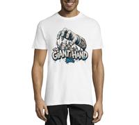 Giant Hand Controlling Buildings T-shirt girocollo da uomo in cotone bianco