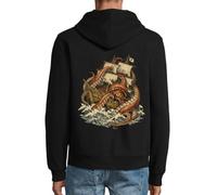 Giant Octopus Attacking Old Sailing Ship Felpa con cappuccio in misto cotone con cerniera nera, Nero , XXL