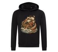 Giant Octopus Attacking Old Sailing Ship Felpa con cappuccio in misto cotone nero, Nero , XXL