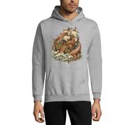 Giant Octopus Attacking Old Sailing Ship Felpa con cappuccio unisex in misto cotone grigio, grigio, XXL