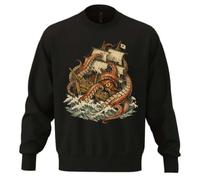 Giant Octopus Attacking Old Sailing Ship Felpa unisex oversize in misto cotone pesante nera, Nero , XXL Plus