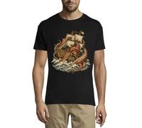 Giant Octopus Attacking Old Sailing Ship Maglietta Girocollo Cotone Uomo Nero, Nero , XXL