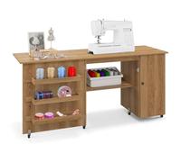 GIANTEX 2 in 1 Mobiletto Pieghevole Cucito, Armadio Versatile in Legno per Macchina da Cucire con Ruote, 3 Mensole e 1 Armadietto, per Salone/Salotto/Ufficio, Carico di 55kg, 158x50x75cm (Naturale)
