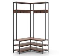 GIANTEX Appendiabiti da Terra a Forma di L, Mobile Ingresso con Scarpiera con Panchina, Ripiano e Gancio, Design Industriale per Angolo, 90 x 90 x 178 cm (Noce)