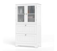GIANTEX Armadietto da bagno con 2 cassetti grandi, cassettiera da bagno con ante in vetro e ripiano regolabile, per bagno, cucina e soggiorno, 60 x 30 x 108 cm